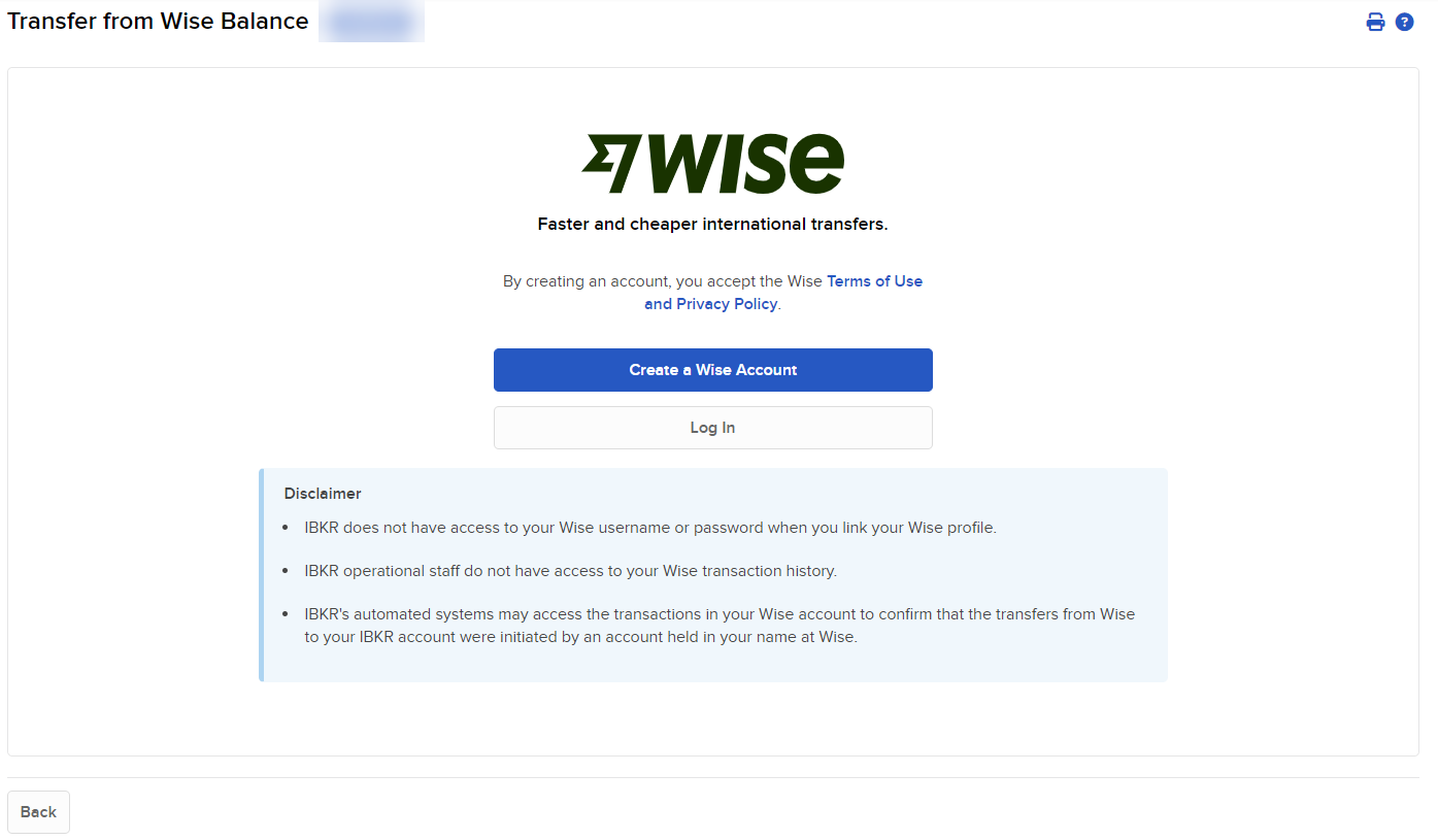 The option to create or log into your Wise account. 